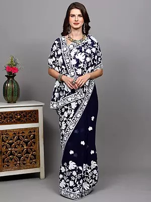 Georgette Kashmiri Saree with Chain Stitch Aari Embroidered Maple Leaf Vines