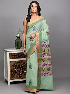 Foam-Green Cotton Saree from Tamil Nadu with Block Printed Trees and Zari Border