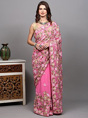 Georgette Saree from Kashmir with Aari Embroidered Maple Vines in Multicolor