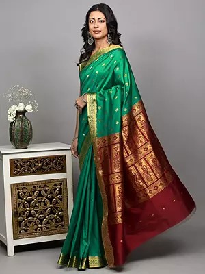 Golf-Green Saree from Banaras with Golden Thread woven Bootis and Floral Border