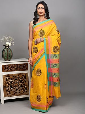 Amber-Yellow Block Printed Cotton Saree with Zari Border and Multi Stripe Pallu from Tamil Nadu
