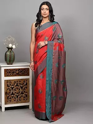 Fiery-Red Art Silk Saree with Woven Floral Motifs All-Over and Stripes Pallu