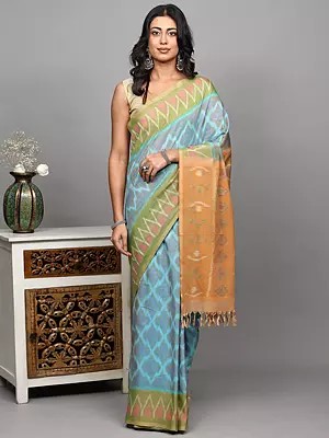 Crystal-Seas Pure Cotton Saree with Ikat Weave and Temple Border from Coimbatore