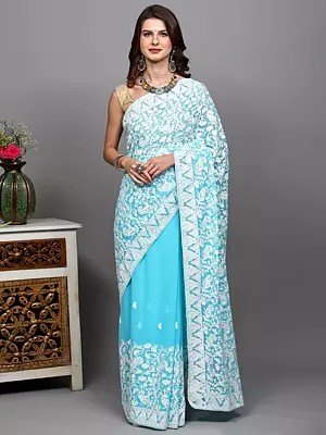 Georgette Saree with Aari Embroidered Flowers and Paisleys Jaal from Kashmir