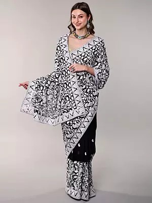 Georgette Saree with Aari Embroidered Flowers and Paisleys Jaal from Kashmir