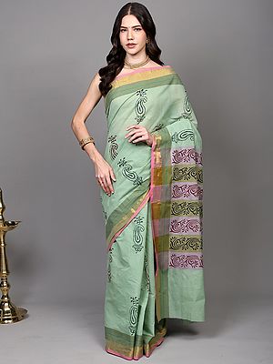 Cotton Saree from Tamil Nadu with Printed Floral Paisley Butta and Zari Border