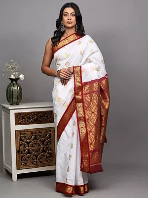 Bright-White Temple Saree with Golden Zari Woven Bootis and Floral Border from Kumbakonam