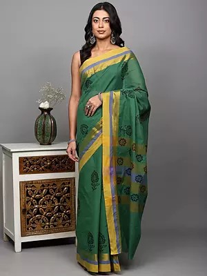 Cotton Saree with Block Printed Floral Motifs and Zari Border