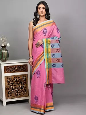 Cotton Saree with Block Printed Floral Motifs and Zari Border from Tamil Nadu