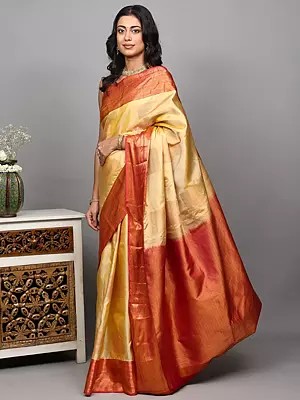 Italian-Straw Pure Silk Kanjivaram Saree with Woven Motifs in Copper Colored Thread and Contrast Border-Anchal from Bangalore