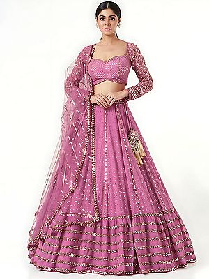 Faux Georgette Sequins Work Designer Lehenga Choli With Soft Net Dupatta