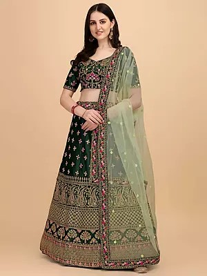 Floral Embroidery And Sequins Work Satin Silk Lehenga Choli With Net Dupatta