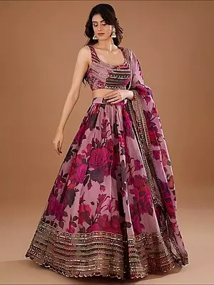 Organza All Over Floral Print And Sequins Work Elegant Party Wear Lehenga Choli
