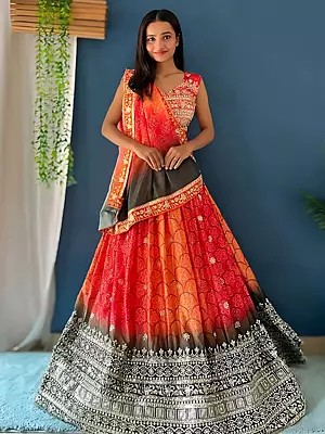 Chinon Silk Digital Print And Embroidery Work Attractive Festive Wear Lehenga Choli