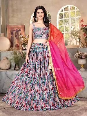 Multicolor Floral Digital Print Stunning Party Wear Organza Lehenga Choli