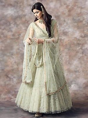 Net Heavy Embroidery Work And Lace Work Attractive Festive Wear Lehenga Choli