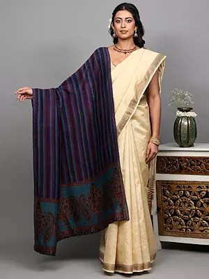 Reversible Two-Ply Shawl with Woven Multicolor Stripes and Paisleys Palla from Amritsar