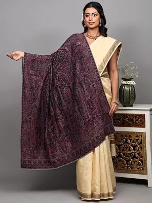 Patriot-Blue Two-Ply Reversible Kani Shawl with Woven Paisleys and Flowers All-Over