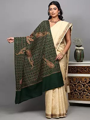 Bistro-Green Pure Wool Shawl with Sozni Hand-Embroidered Paisleys and Central Chakra from Srinagar