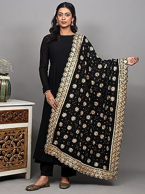 Black-Beauty Phulkari Embroidered Dupatta with Ghungroos and Stone-Mirror work from Amritsar