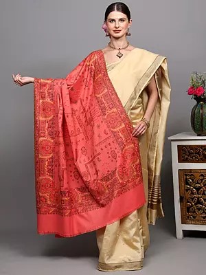 Golden-Orange Diamond Weave Shawl from Amritsar with Woven Paisleys Motifs
