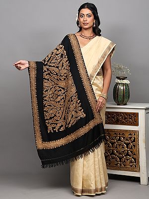 Black-Onyx Pure Wool Kashmiri Stole with Paisley and Flower Aari Hand Embroidery