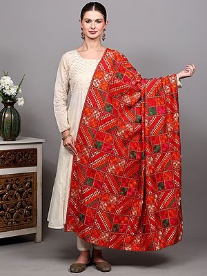 Phulkari Dupatta from Punjab with Multicolor Thread Embroidery All-Over