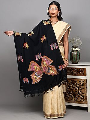 Pure Wool Stole from Kashmir with Aari Hand-Embroidered Butterflies