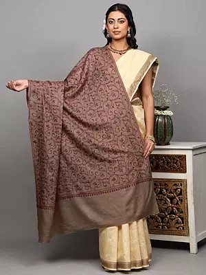 White-Papper Pure Wool Shawl with Sozni Hand-Embroidered Jaal from Kashmir