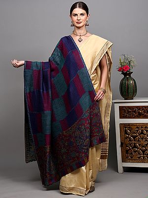 Two-Ply Reversible Ikat Shawl with Multicolor Checks and Floral Palla from Amritsar