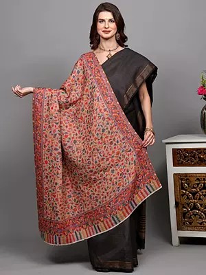 Kani Jamawar Reversible Two Ply Shawl with Woven Floral Leaf Jaal and Paisleys