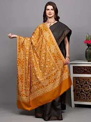 Reversible Shawl from Punjab with Woven Floral Jaal and Paisleys Border