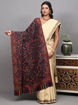 Ocean-Cavern Reversible Two-Ply Shawl with Woven Floral Vines All-Over