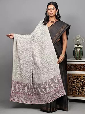 White-Onyx Reversible Two Ply Shawl with Woven Paisleys and Floral Sprigs