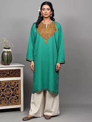 Aqua-Green Kashmiri Phiran with Aari Embroidered Paisleys on Neck and Side Pockets