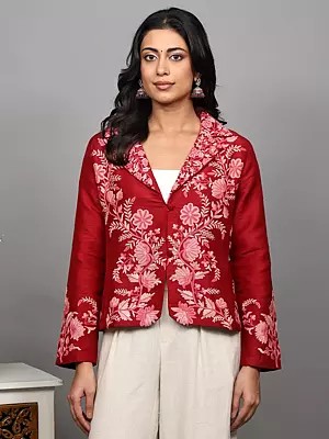 Karanda-Red Pure Silk Blazer Style Short Jacket with Aari Embroidered Floral Vine from Kashmir