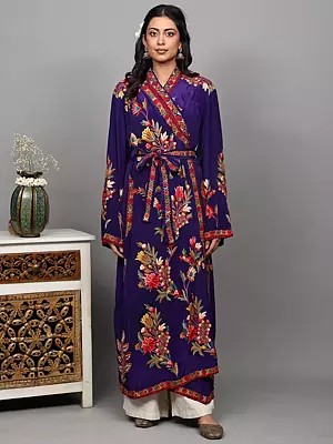 Royal-Purple Pure Crepe Robe with Aari Hand-Embroidered Floral Motifs in Multicolor and Waist Belt from Kashmir