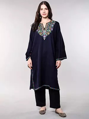 Aari Embroidered Phiran from Kashmir with Side Pockets