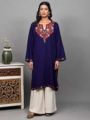 Aari Embroidered Phiran from Kashmir with Side Pockets