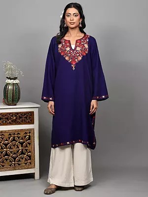 Sodalite-Blue Aari Embroidered Phiran from Kashmir with Side Pockets