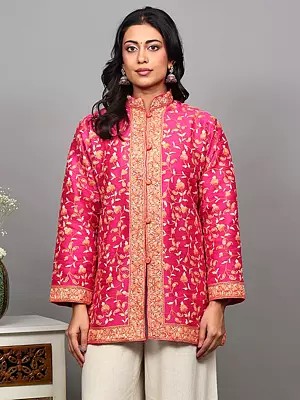 Pink-Peacock Pure Silk Short Jacket with Aari Embroidered Paisley Floral Vine from Kashmir