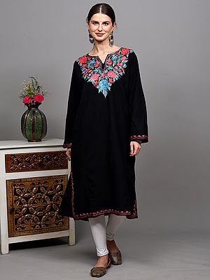 Kashmiri Phiran with Chain Stitch Embroidered Flowers in Multicolor Thread and Side Pockets