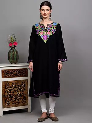 Kashmiri Phiran with Chain Stitch Embroidered Flowers in Multicolor Thread and Side Pockets
