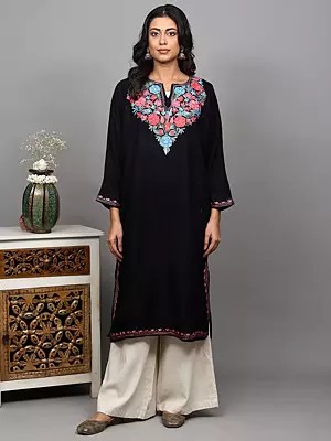 Kashmiri Phiran with Chain Stitch Embroidered Flowers in Multicolor Thread and Side Pockets