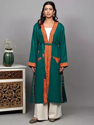 Kashmiri Robe with Aari Embroidered Paisley Border and Front Pockets