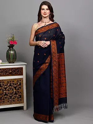 Medieval-Blue Pure Cotton Saree with Woven Peacocks and Chakra Motifs from Tamil Nadu