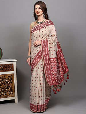 Arctic-Wolf Bootis woven Pure Cotton Saree with Kilim Pattern Border and Zari work