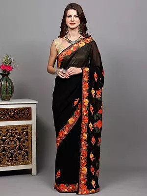 Jet-Black Georgette Saree with Aari Embroidered Floral Vines from Kashmir