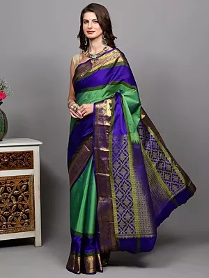 Vibrant-Green Pure Silk Saree from Bangalore with Golden Thread woven Contrast Wide Border