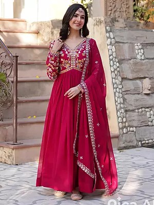 Faux Georgette Embroidery Zari Sequins Gown With Dupatta Party Wear Anarkali Style Long Ethnic Gown For Women